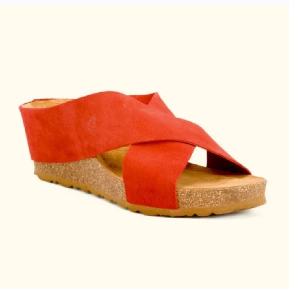 YOKONO Women's Red Suede Wedge Crisscross Sandals